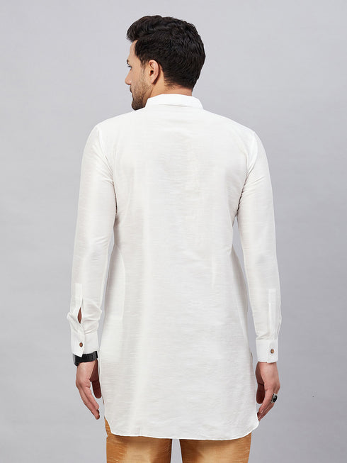 VASTRAMAY Men's White Silk Blend Curved Kurta